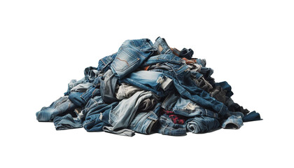 Pile of used jeans clothes ready for recycling on a transparent backdrop