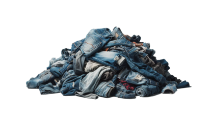 Pile of used jeans clothes ready for recycling on a transparent backdrop