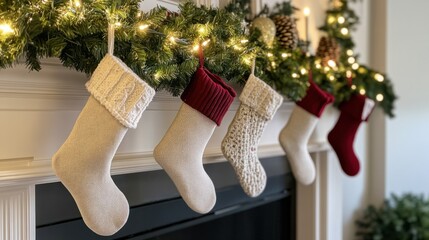 Festive mantel decorated with Christmas stockings, garland, and glowing string lights.