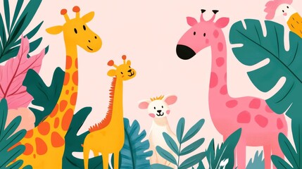A vibrant collection of cheerful safari animals surrounded by lush tropical leaves, offering a whimsical atmosphere ideal for children's artwork or themed spaces.