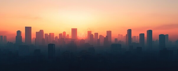 Stunning city skyline at sunset, showcasing silhouettes of skyscrapers against a vibrant, colorful sky.