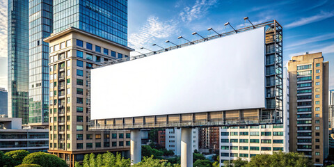 Obraz premium A blank white billboard in a bustling urban setting surrounded by modern glass buildings. The ideal scene for advertising, promotions, or marketing campaigns