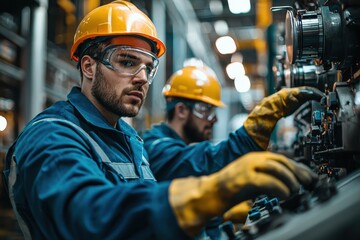 Industrial worker repairing machinery in manufacturing plant