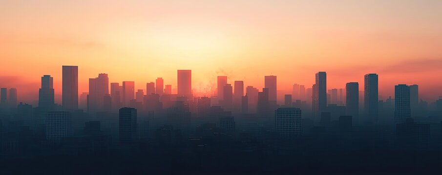 Stunning city skyline at sunset, showcasing silhouettes of skyscrapers against a vibrant, colorful sky.