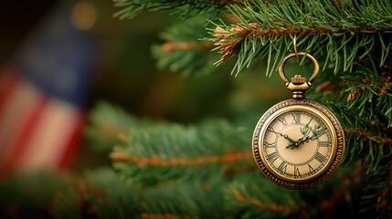 A vintage pocket watch adorned with floral patterns hangs gracefully from an old Christmas tree, set against a blurred American flag backdrop