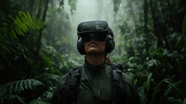 An individual ventures through a dense jungle while wearing a sophisticated virtual reality headset, showcasing the convergence of wilderness and cutting-edge technology.
