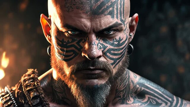 Fierce warrior with tribal face tattoos and intense stare in dark setting. Close-up of muscular man with intricate facial markings and determined expression. Dramatic portrait of battle-ready fighter