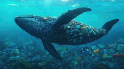Fototapeta premium A majestic whale swims through polluted waters, showcasing the impact of plastic waste on marine life and ocean health.