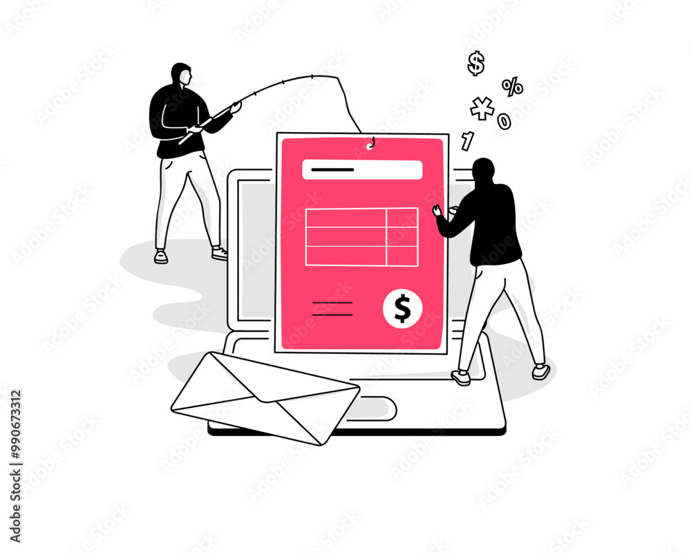 Poster invoice fraud symbol with a laptop computer, two hackers and a manipulated fake invoice. flat design