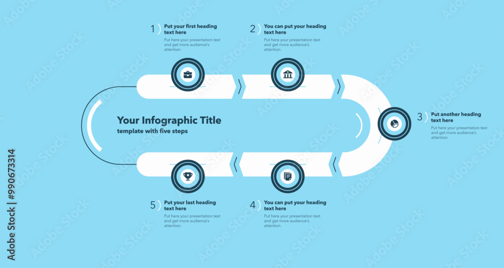 Poster Infographic progress diagram with five steps with numbers and minimalistic icons - blue version. Can be used for your website or presentation.