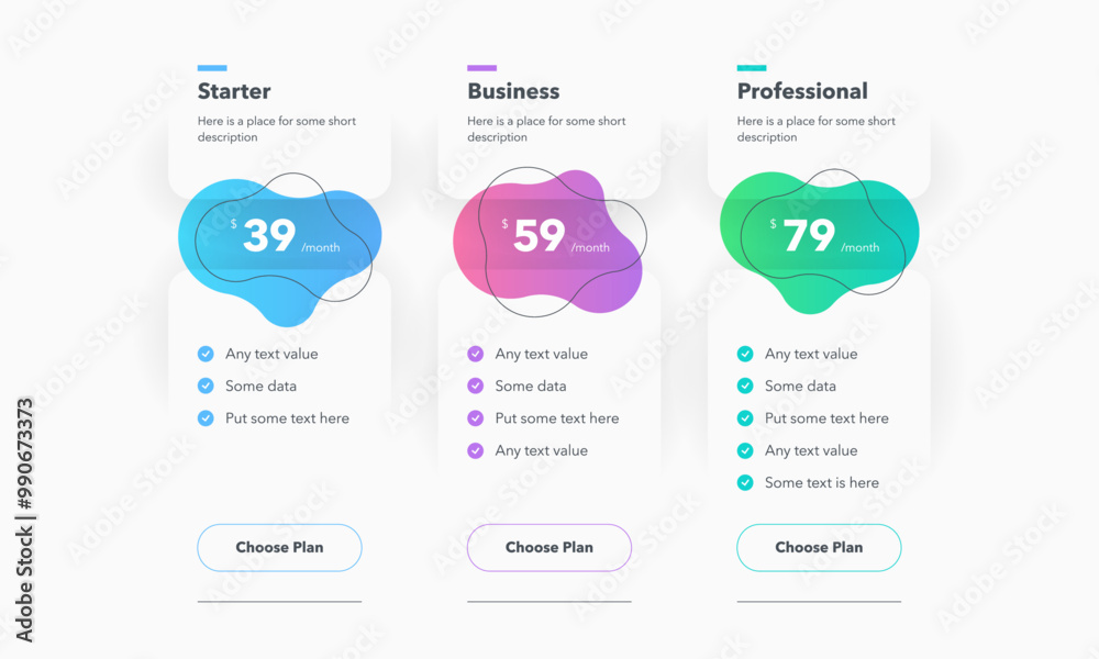Leinwandbilder pricing table design with three colorful subscription plans. flat infographic design template for we