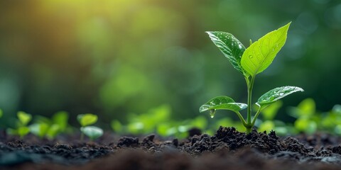 A small green plant breaks through the dark earth, surrounded by seedlings, representing new opportunities and financial growth in nature