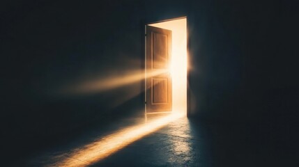 A bright light shining through a partially open door in a dark room creating an ethereal sense of mystery and opportunity