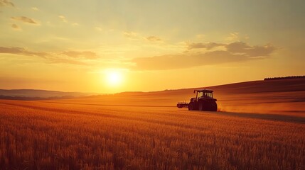 Fototapeta premium A lone tractor drives through a field at sunset.