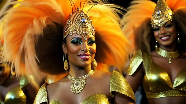 Brazilian carnival dancers performing samba in colorful feathered headdresses and costumes. Rio de Janeiro festival celebration with smiling women showcasing vibrant culture and music.