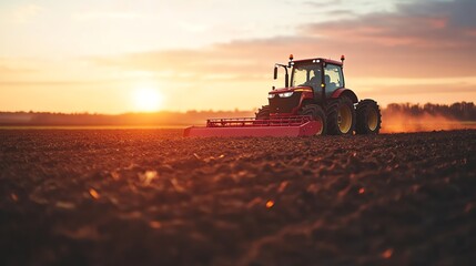 Fototapeta premium A tractor drives through a field at sunset.