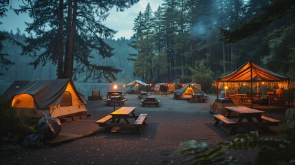 This peaceful camping area features illuminated tents and picnic tables, creating a welcoming atmosphere for evening activities