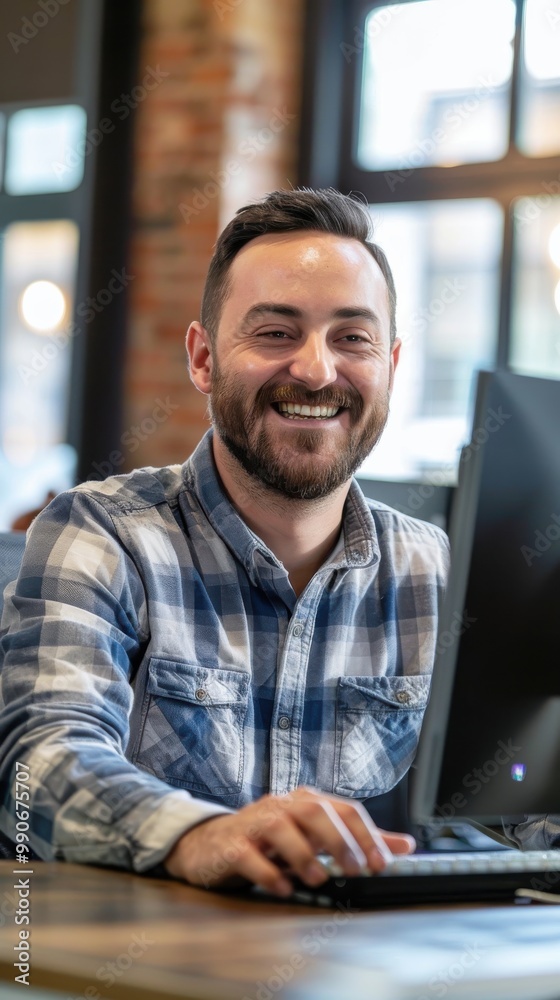 Aufkleber A man is smiling and sitting in front of a computer