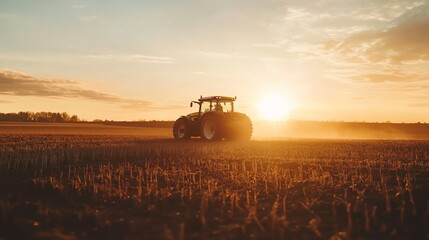 Fototapeta premium A tractor driving through a field at sunset.