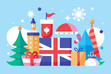 Festive british celebration: christmas gifts and icons in winter wonderland
