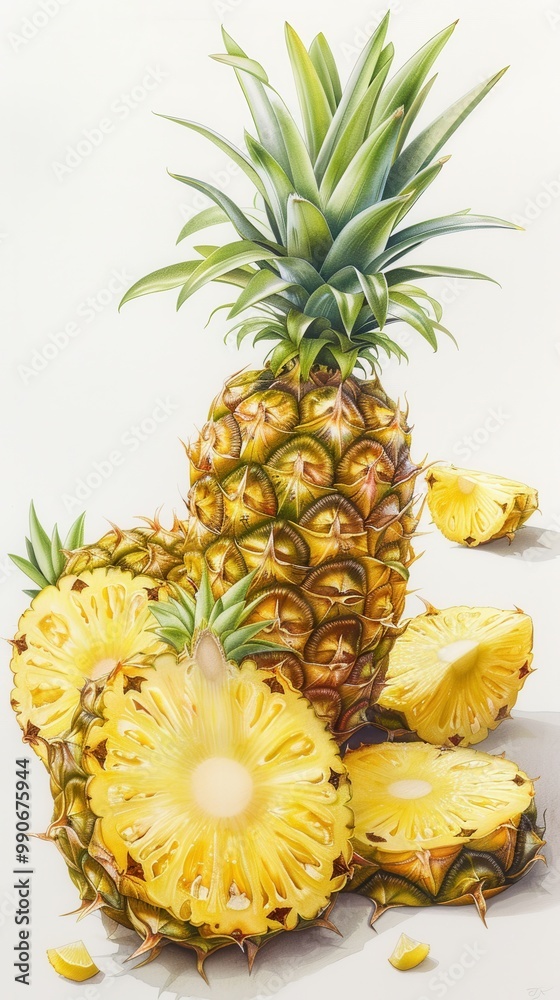 Poster fresh pineapple with slices arranged artistically on a light background emphasizing its tropical ess