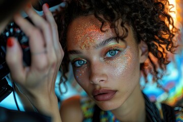 Close-up Portrait of Woman with Glitter Makeup and Curly Hair in Colorful Light