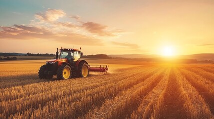 Fototapeta premium A red tractor is driving through a field at sunset.
