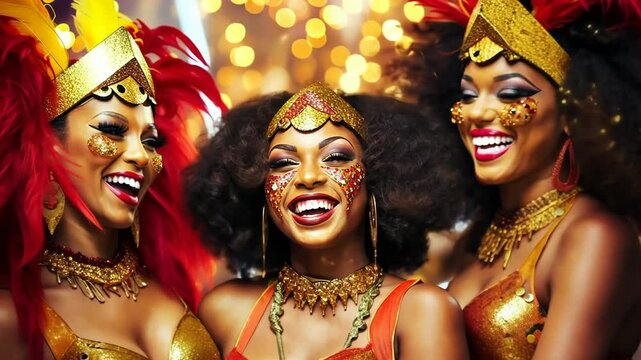 Brazilian carnival dancers performing samba in colorful feathered headdresses and costumes. Rio de Janeiro festival celebration with smiling women showcasing vibrant culture and music.