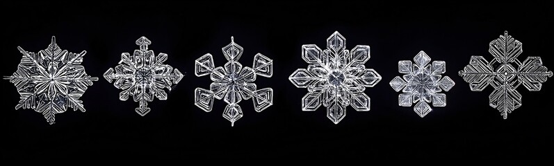 Six detailed snowflakes with unique designs on a black background