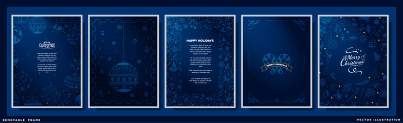 Monochromatic Merry Christmas Holiday Greeting Poster templates in blue colors, hand drawn xmas decoration elements with typographic design and copy space. Elegant Xmas cards. Vector.