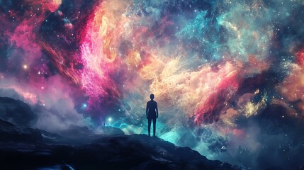 Fototapeta premium Abstract dreamlike motivational image. Illustration of person being in a dream in imaginary world. Movie making and cinematography