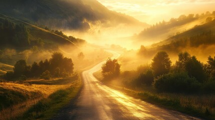 Majestic sunrise over misty hills and winding road in a tranquil landscape during early morning hours