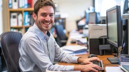 A man is smiling and sitting at a desk with a keyboard and a computer monitor