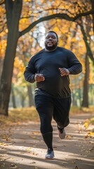 Fototapeta premium A man is running in a park with leaves on the ground