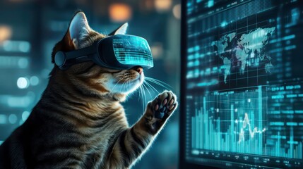 A cat wearing VR headset looking at the screen, which shows world map and data.