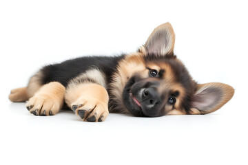 cute german shepherd dog laying on the side and licking its mouth; funny puppie isolated on white background