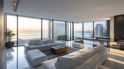 Modern coastal living room with panoramic ocean views at sunrise in a sleek high-rise apartment