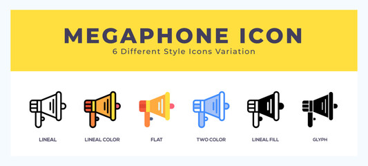 Megaphone icon symbol set. outline. glyph black. flat color and filled line color.