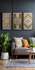 Boho-inspired home decor with a neutral color palette, featuring a cozy living room with a green couch, earthy tones, and a gallery wall of three tribal-style framed art pieces