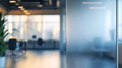 Blurred modern office interior with glass partition and warm lighting. Ideal for business or corporate themes