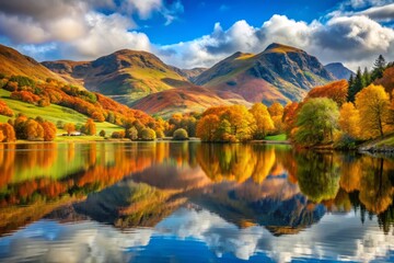 Fototapeta premium A serene lake nestled in the heart of the Lake District, perfectly captures the majestic beauty of the