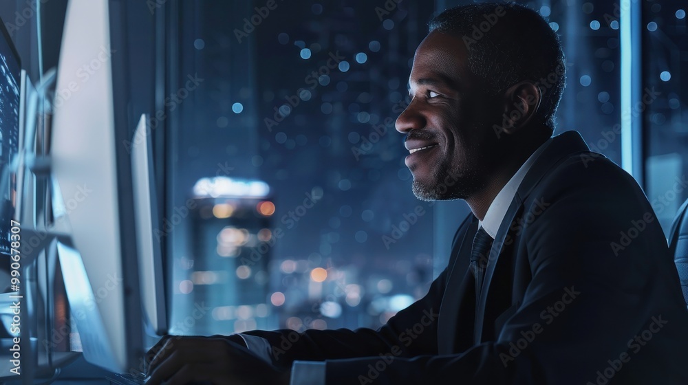 Aufkleber a man is sitting at a computer with a smile on his face