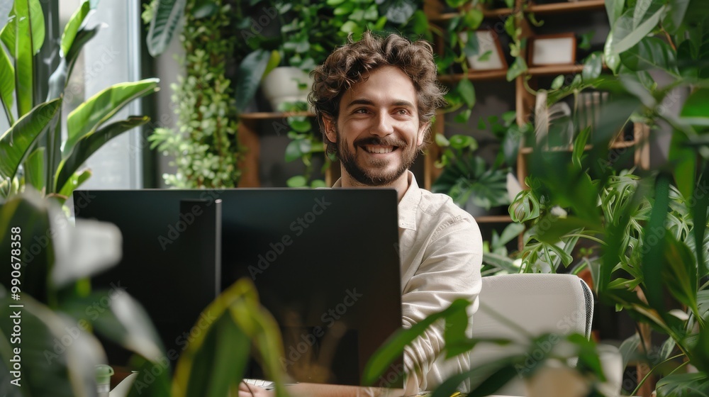 Leinwandbilder a man is sitting in front of a computer monitor with a smile on his face