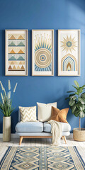 Boho-inspired home decor with a neutral color palette, featuring a cozy living room with a green couch, earthy tones, and a gallery wall of three tribal-style framed art pieces