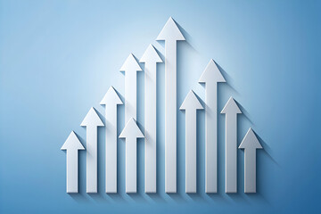 A series of arrows pointing upwards on a blue background. Concept of progress and growth, as the arrows represent the upward trajectory of something. The blue background adds a sense of calmness