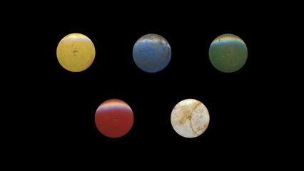 a set of colorful aged circles, rusty stationery tacks, front view, isolated metal push rounded pins on black background