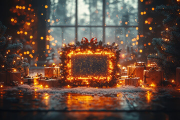 Obraz premium A modern Christmas card design with built-in LED lights and a digital screen that plays a personalized holiday message. Concept of innovative seasonal greetings.