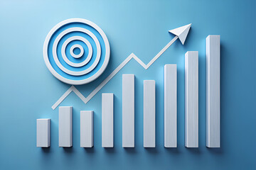 A blue background with a white target and a white arrow pointing to it. The target is surrounded by a series of white bars