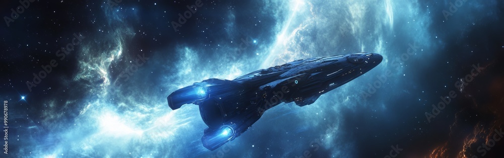 Poster a futuristic spaceship travels through the vibrant depths of outer space, illuminated by colorful ne