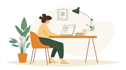 Minimalistic illustration of a person working remotely with a laptop placed on a clean workspace